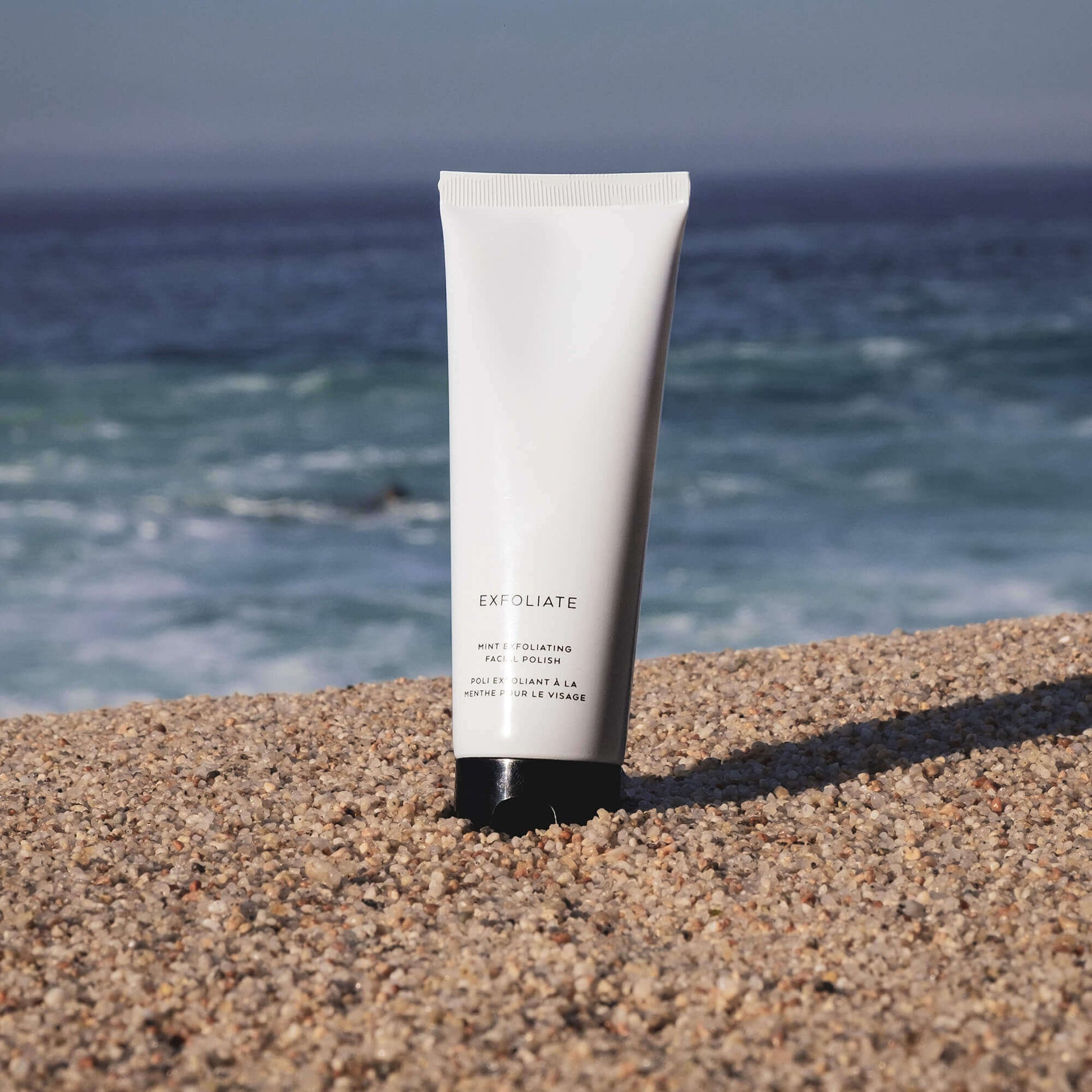 Miyabi Corazon Mint Exfoliating Facial Polish on the beach, ideal for natural skincare and self-care routines.